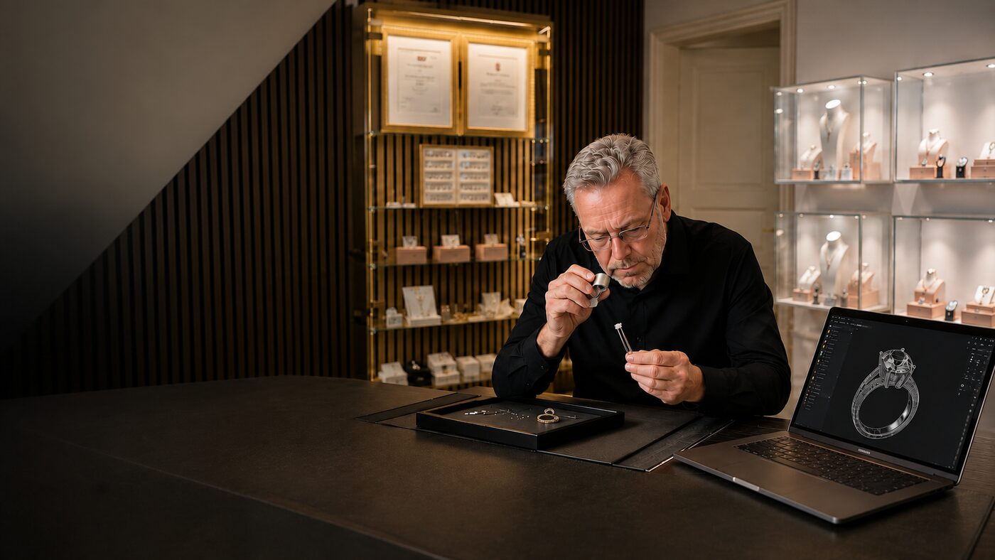 Juveler Erik Manich vurderer en diamant i showroomet med CAD-design på skærmen