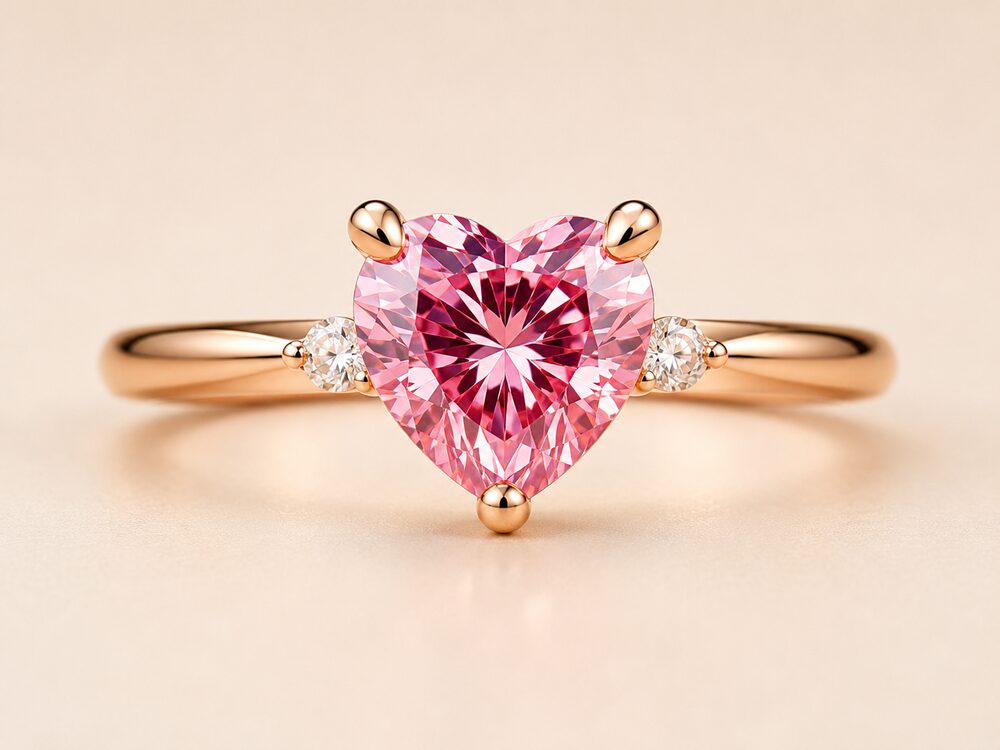 Hjertering med pink hjertediamant i 14 kt rosaguld